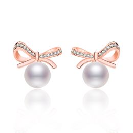 Cute Girls Bowkont Pearl Ear Studs Jewellery Rose Gold/Gold Plated Cubic Zirconia Stud Earrings Jewellery for Gift