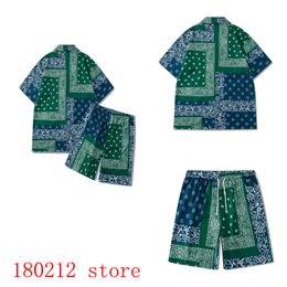 Mens Tracksuits Patchwork Blue Green Shorts Shirt Cashew Flower Print Short Set Men Women Summer Holiday Hawaii Beach Paisley Suit 230627