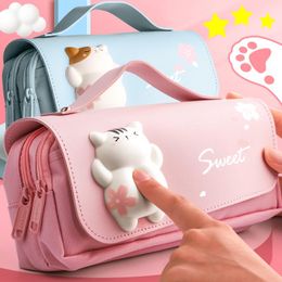 Bags Kawaii Large Capacity School Pencil Case PU Waterproof Pen Case Pencil Bag Sweet Flowers Girls Pouch Art Supplies Stationery