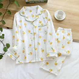 Women's Sleepwear 214 Cotton Korean Lemon Print Pajamas For Women Summer 2023 Pyjamas Girls Pijama Pant Long Sleeve Two Piece Home Suits