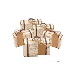 Gift Wrap Mini Suitcase Favor Box Candy Bag Vintage Kraft Paper With Tags Burlap Twine For Wedding Travel Themed Party Bridal Shower Dh9Ca