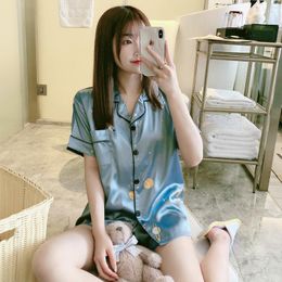 Women's Sleepwear 2023 Summer Ice Silk Women's Pyjamas Short Sleeve Nightwear Lapel Cardigan Suit Home Clothes Sleep Wear