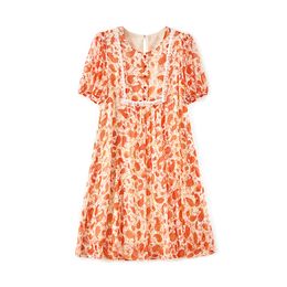 2023 Summer Multicolor Floral Print Lace Dress Short Sleeve Round Neck Knee-Length Casual Dresses W3L049209