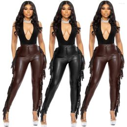 Women's Pants Fringed Leather Women 2023 Autumn Fashion Stretch Skinny High Waist Tassel Trousers Woman Black PU Pencil Streetwear