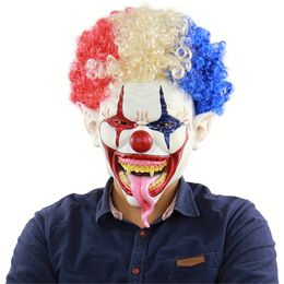 Party Masks Halloween Big Mouth Long Tongue Clown with Hair Scary Evil Face Cover Mask Costume Busking Props 230628