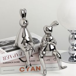 Decorative Objects Figurines Shiny Rabbit Statue Simulation Animal Art Sculpture Craftwork Home Cabinet Porch Office Decoration Accessories Ornament 230628