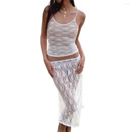 Women's Sleepwear Women Lace See Through 2pcs Skirts Sets Sleeveless Crop Top And Skirt Matching Night Club Underwear Pajama