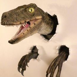 Decorative Objects Figurines Wall Mounted Dinosaur Wall Bust Realistic Raptor Head Resin Sculpture Wall Hanging Decor for Kids Room Bar Home Decoration 230628