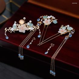 Hair Clips Chinese Han Bridal Crown Delicate Tassel Step Hairpin Earrings Sets Costume Accessories