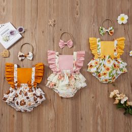 16189 Summer Infant Baby Girls Onesies Ruffles Fly Sleeve Bowknot Florals Skirt Romper With Headband 2pcs Set