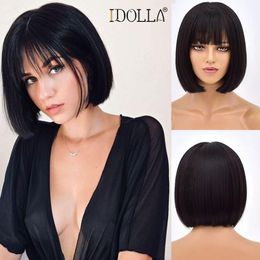 Synthetic Wigs Idolla Short Bob Wig With Full Bangs Natural Colour For Black White Women Halloween Christmas Cosplay Lolita Hair 230627