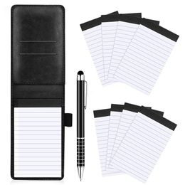 Tools 10pcs Mini Pocket Notepad Holder Set with Metal Pen and Pocket Notebook Refills (black)