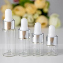 2000Pcs 1ml 2ml 3ml 5ml Clear Dropper Mini Glass Bottle Essential Oil Display Vial Silver Caps Small Serum Perfume Sample container Gshkb