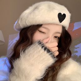 Solid Color Love Rabbit Hair Beret Autumn and Winter Korean Version Cute Plush Painter Cap Versatile Japanese Retro Women's Hats