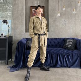 Men's Jeans Military Fashion Style Mens Jumpsuit Belted Army Green Multi Pockets Overalls Casual Hip Hop Loose Fit Cargo Pants 230628