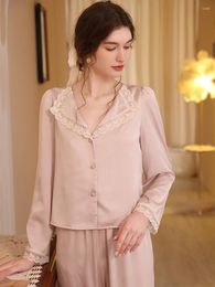 Women's Sleepwear Women Spring Autumn Long Sleeve Shirt Silk Pyjamas Lounge Sets French Fairy Lace Lapel V-Neck Victorian Nightgowns