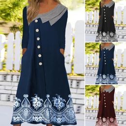 Casual Dresses Women Dress Long Sleeves Wave Neck Double Pocket Autumn Winter Floral Print Ethnic Retro Boho Loose A-Line