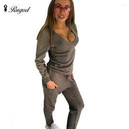 Women's Sleepwear Rugod 2023 Autumn Sexy V Neck Tracksuit Women's 2 Two Piece Set Sweater Top Pants Knitted Suit Solid Twinset In Stock