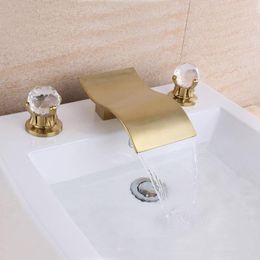 Bathroom Sink Faucets Solid Brass Brushed Gold Basin Faucet Deck Mounted 3 Hole Waterfall Double Crysta Handle Cold Water Mixer Tap