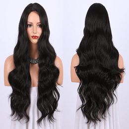 Black Wig High Temperature Female Body Wave Hair Partial Split Wavy Head Cover for Women