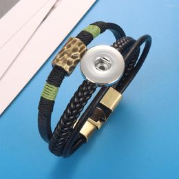 Charm Bracelets Skull Weave 003 Real Genuine Leather Fit 12mm 18mm Snap Button Bangle Bracelet Jewellery For Women Men Gift 20.5cm