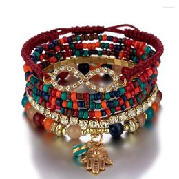 Strand 6Pcs Bohemian Hand Eye Beaded Bracelet Set For Women Crystal Geometric Charm Braided Rope Chain Bangle Female Boho Jewellery