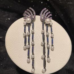 Dangle Earrings Bilincolor Trendy Zircon And Pearl Purple Blue Tassel Earring For Women