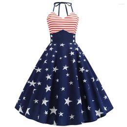 Casual Dresses Women Vintage Sleeveless Halter Neck Flag Printed Evening Party Prom Swing Dress