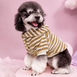 Dog Apparel Style Autumn Winter Pet Clothes Cat Coat Plush Striped Beige Shirt Puppy Hoodie