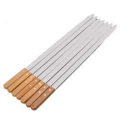 BBQ Grills 2 8pcs 23.5'' Large Stainless Steel Skewers Oak Wood Barbecue Grill Forks Long Handle Flat Kebab Skewer Accessories Tool 230627