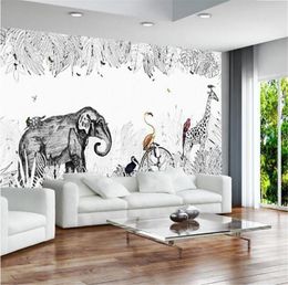 Wallpapers Bacal Custom 3D Simple Hand-painted Vintage Elephant Giraffe European Wallpaper Mural TV Background Wall