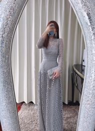 Auth S-elf Portrait Grey Lace Sexy Hollow Out Long Sleeve Dress Long Prom Evening Dress