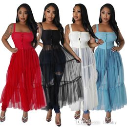 2023 Street Dresses For Woman Big Swing Mesh See Though Patchwork Summer Skirt Single Breasted Tank Strap Shirt Maxi Long Dress