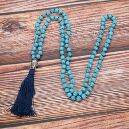 Anhänger Halsketten Großhandel 6mm synthetischer blauer Stein handgeknüpft 108 Perlen Mala Strang Halskette Buddha Kopf Yoga Meditation Pullover Kette