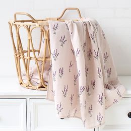 Blankets 100 Organic Cotton Baby Muslin Swaddle Blanket Lavender Floral Leaves Printed Soft born Wrap 230628