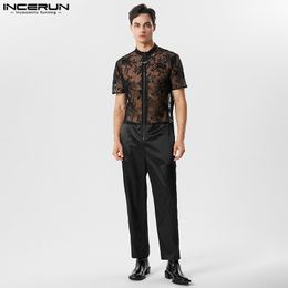 Men's Jeans Stylish Well Fitting Men Selling Jumpsuit INCERUN Lace Mesh Seethrough Rompers Sexy Patchwork Satin Short Sleeved Bodysuit 230628