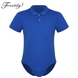 Men's Swimwear Adult Mens Bodysuit Catsuit Short Sleeve Turndown Collar press button Crotch Shirt Body Suit Romper Pyjamas Jumpsuit 230627