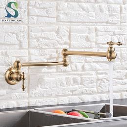 Bathroom Sink Faucets Brushed Golde Foldable Kitchen Faucet Single Cold Single Hole Sink Tap Rotate Folding Spout Brass Pot Filler Tap Wall Mounted 230628