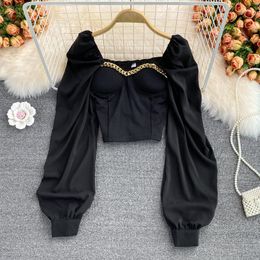 Women's Blouses Sexy Blouse Women Elegant Square Collar Chain Decord Puff Long Sleeve Shirt Female Club Party 2023 Black/White