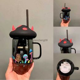 Halloween Black Mushroom Cup Small Devil Black Cat Mug 525ml Glass With Straw Mason Jar Water Bottle Festival Birthday Gift L230620