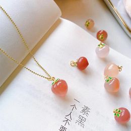 Chains Natural Stone Quartz Red Peach Cherry Pendant Necklace For Woman Metal Chain Plated 14K Gold Choker Sweet Jewellery Girl