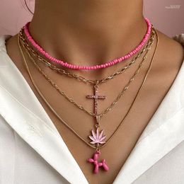 Chains Layered Pink Cartoon Poodle Dog Crystal Cross Beaded Necklace For Women Enamel Leaf Acrylic Seed Bead Choker Gothic Boho Jewelry