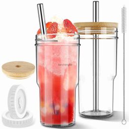 New 2Pcs Drinking Glass with Lid 24oz Transparent Glass Cup Can Shaped Leak-proof Tumbler Cup Travel Water Bottle Cup with Straw L230620