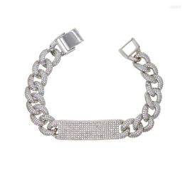 Bangle Silver Color Iced Out Bling Micro Pave White CZ Bar Charm Bracelet Curb Miami Cuban Link Chain Hip Hop Women Men Jewelry