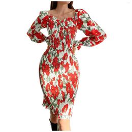 Casual Dresses Ladies Autumn Winter Long Sleeve Puff Floral Print A Line Dress Slim Fit Elegant Sexy Below The Knee