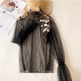 Women's Blouses Women Perspective Lace Blouse Elegant Formal Embroidery Long Sleeve Polka Dot Shirt Office Lady Flower Hollow Female Chemise