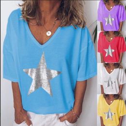 Women s T Shirt Spring and Summer Short sleeved Tops Solid Color Stars Printed Loose T shirt V neck Casual Bottoming Shirt 230628