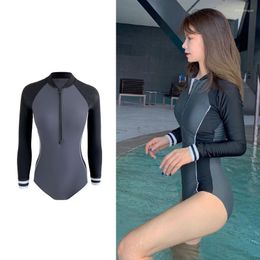 Women's Swimwear Wisuwore Korean Long Sleeve Women Summer Surfing Suit One Piece Patchwork Rashguards Sexy Bathing