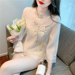 Women's Tracksuits Chinese Style Shorts Set Women's Blouses Summer Half Sleeve Sun Protection Chiffon Shirt High Waist Loose 2 Piece