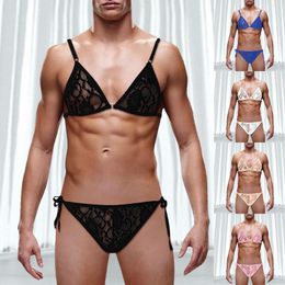 Women's Swimwear Men's Lace Bikini Up Set Sexy See Through Adjustable One Size Shoulder Strap Fun Women's Lingerie